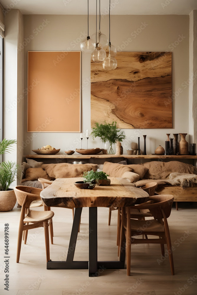 Rustic live edge table and chairs near beige sofa. Scandinavian interior design of modern living room with big art wooden poster. Image created using artificial intelligence.