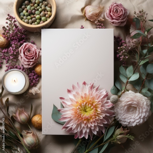 Blank 5x7 White Card Mockup Flat Lay on Flowers Minimalist Neutral Tones 