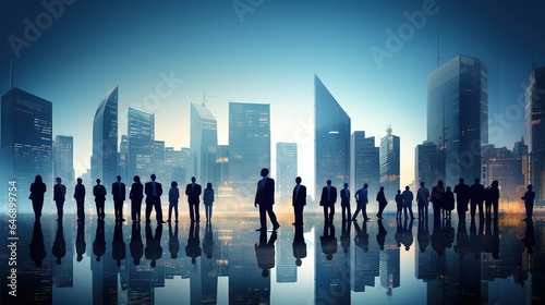 Silhouette of business people in a row standing over city view. generative ai