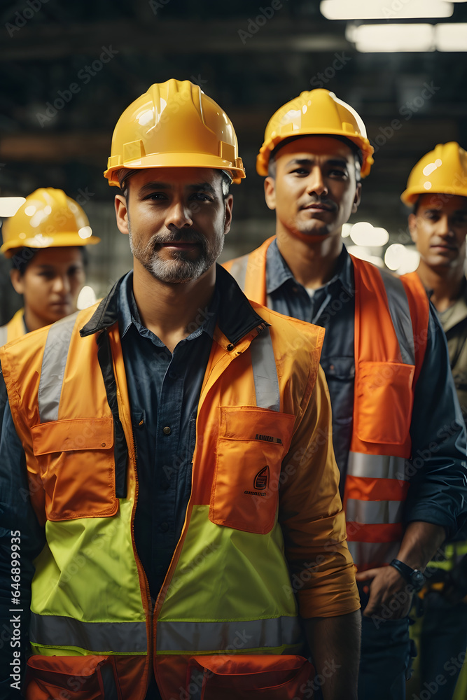 Industrial workers in safety vests and hard hats collaborating on a project. Image created using artificial intelligence.