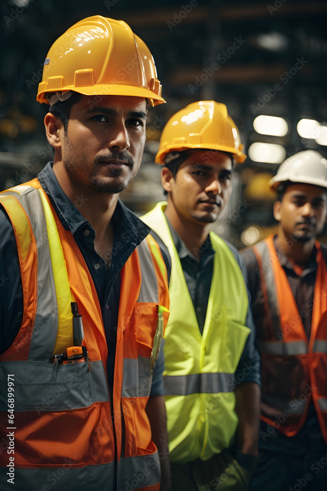 Industrial workers in safety vests and hard hats collaborating on a project. Image created using artificial intelligence.