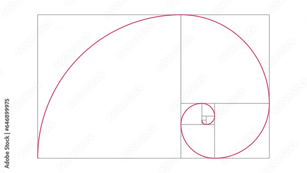 Fibonacci Sequence golden ratio animation with red lines grid and ...