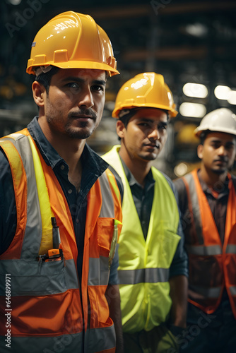 Industrial workers in safety vests and hard hats collaborating on a project. Image created using artificial intelligence.