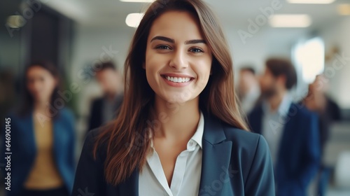 portrait of a professional business woman standing in office, smiling and successful