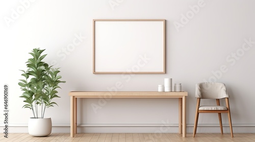 Contemporary Scandi room with wooden console  poster frame  and plants. Interior design composition.