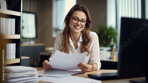 A cheerful entrepreneur is working and sitting in her office.