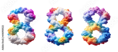 The number eight 8 made of colorful colors photo realistic clouds are rainbow colors. 
The background is transparent.