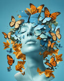 Esprit humain avec des papillons qui s'envolent, pensée positive, esprit créatif, concept de soins personnels et de santé mentale - IA générative