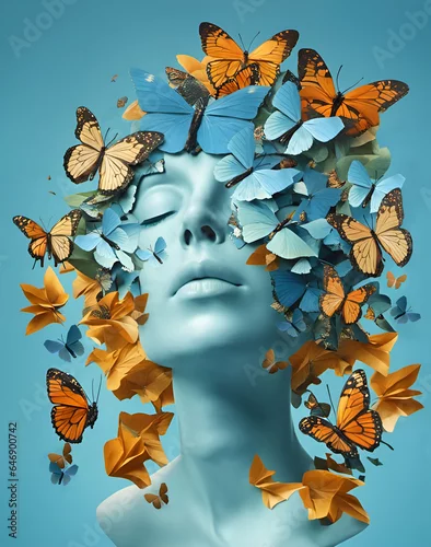 Fototapeta na wymiar Esprit humain avec des papillons qui s'envolent, pensée positive, esprit créatif, concept de soins personnels et de santé mentale - IA générative