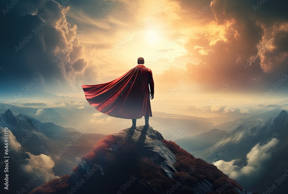 Businessman superhero with red cape standing and looking on the top of ...