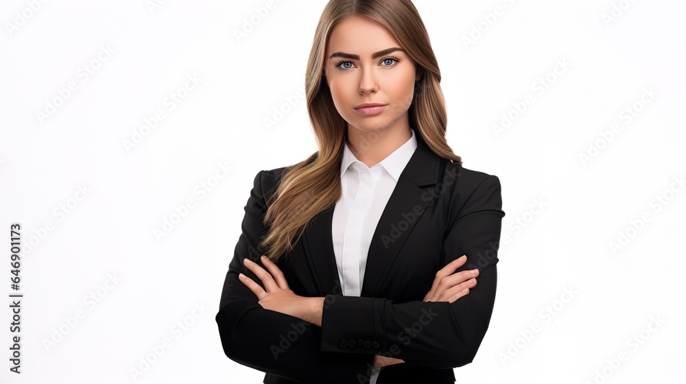 Beautiful young businesswoman smiles at the camera while standing against a white background. Beautiful young businesswoman smiles at the camera while standing against a white background.