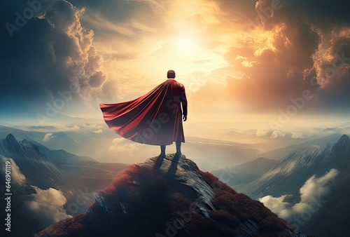 Businessman superhero with red cape standing and looking on the top of mountain landscape background