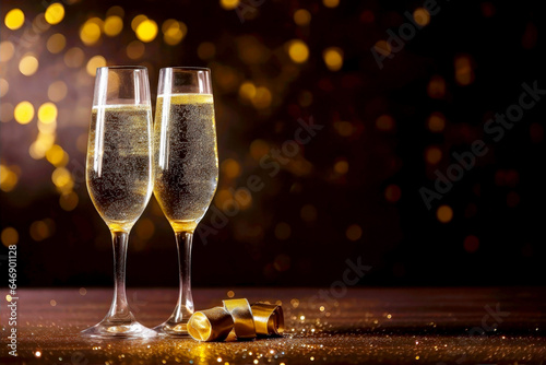 Holiday background with glasses of champagne on a black and gold background with copy space. Party or holiday concept. New Year or Christmas background