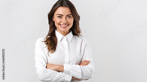 a woman's photo with crossed arms on a white background