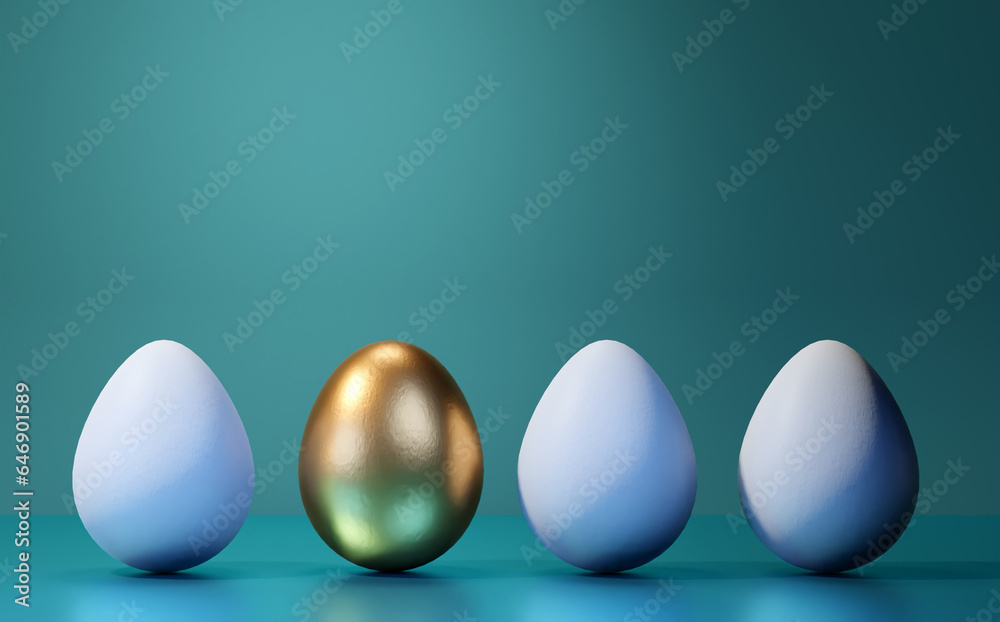 Concept of individuality, exclusivity, better choice. One golden egg among white eggs Concept of individuality, exclusivity, better choice. One golden egg among white eggs