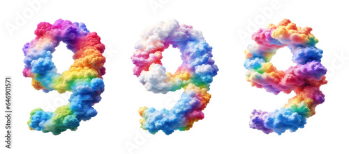 The number nine 9 made of colorful colors photo realistic clouds are rainbow colors. 
The background is transparent.