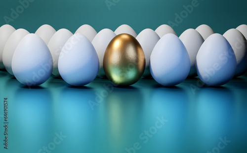 Concept of individuality, exclusivity, better choice. One golden egg among white eggs