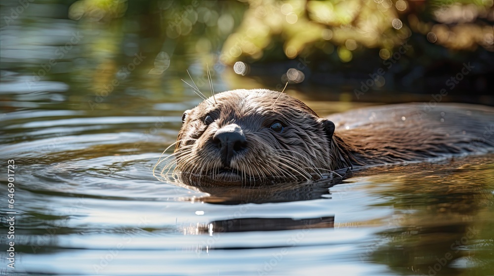 Otter floating and snoozing on its back, in a calm freshwater lake Otter floating and snoozing on its back, in a calm freshwater lake
