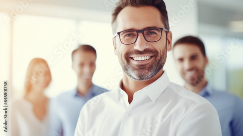 Close up of a happy businessman standing at office