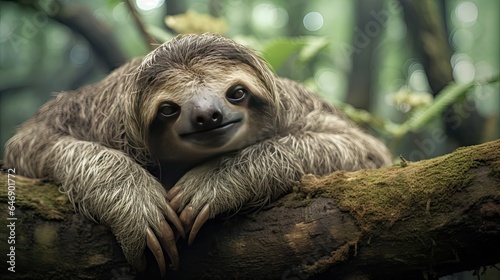 Sloth hanging and sleeping upside down, using its claws as anchors