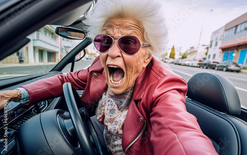 An elderly woman with a terrified expression drives her car and has problems