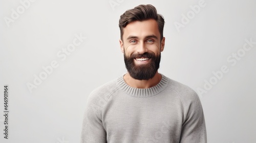 portrait of a smiling man with winter season on white background