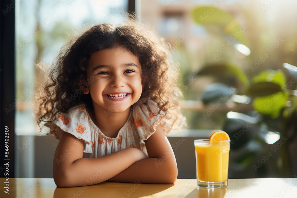 Cute indian little girl child holding juice glass and smiling.