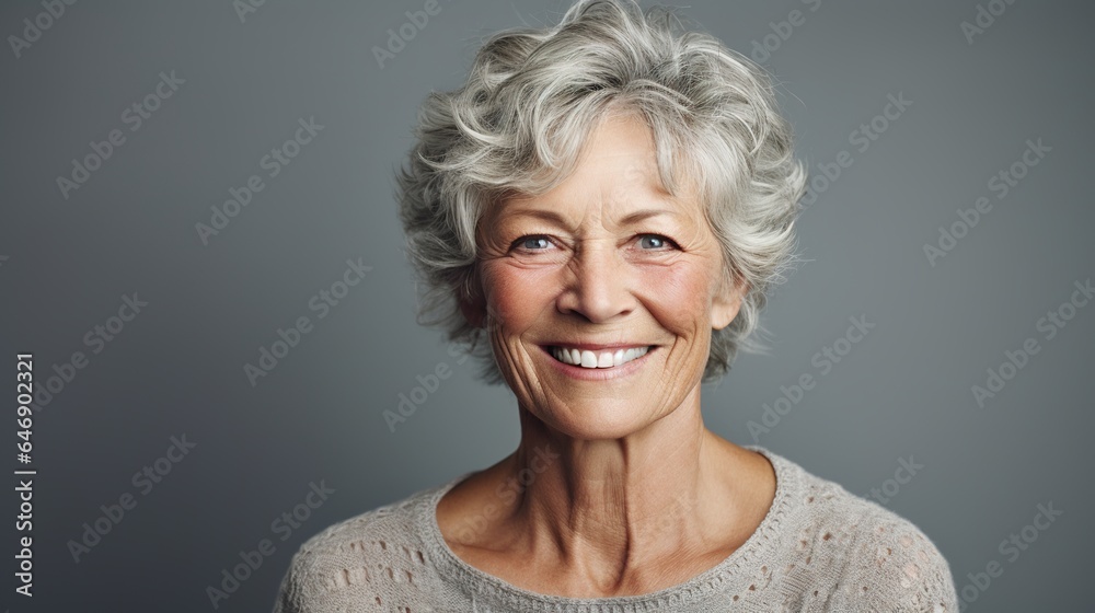Timeless Beauty: A radiant senior woman with a warm smile and sparkling eyes exudes confidence and grace against a neutral background. Timeless Beauty: A radiant senior woman with a warm smile and sparkling eyes exudes confidence and grace against a neutral background.