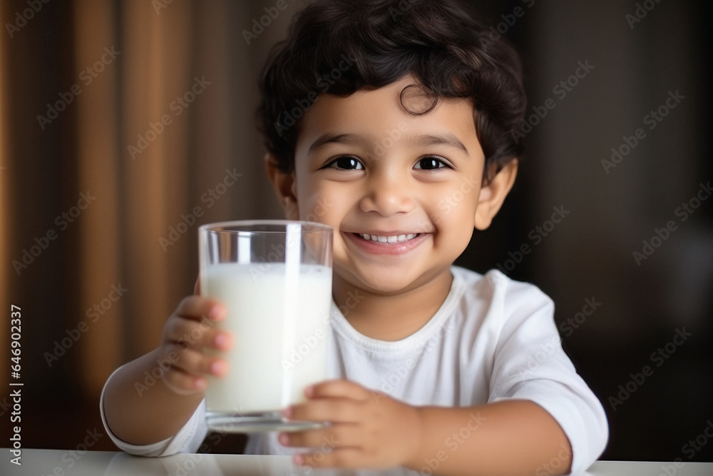 Cute indian little boy holding glass of milk and smiling Cute indian little boy holding glass of milk and smiling