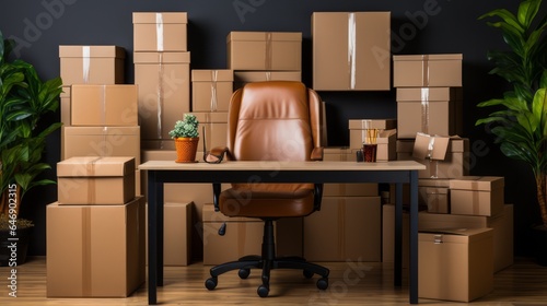 Office table and chair with many boxes behind © jorgevt