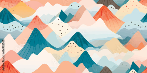 Abstract mountain landscape seamless pattern. Colorful wave background set with geometric textures and nature environment shapes.