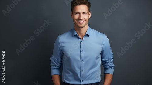 Young businessman, looking at camera and smiling on gray background. leadership concept. generative ai