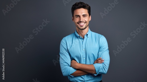portrait of a young businessman, looking at camera and smiling on gray background. leadership concept. generative ai
