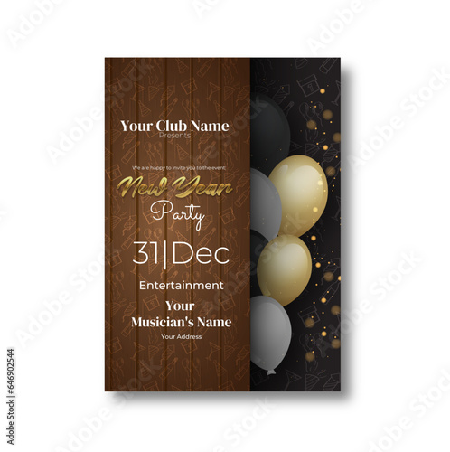 New Year party flyer design decorated with baubles, balloons, star particles and golden ribbons