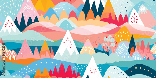 Abstract mountain landscape seamless pattern. Colorful wave background set with geometric textures and nature environment shapes.