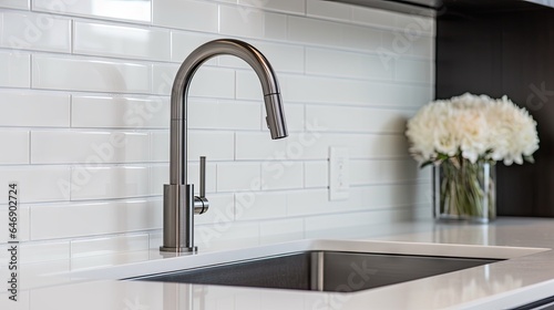 Detail shot of a sleek white kitchen with tiled backsplash, stainless steel appliances, and contrasting black hardware and faucet.