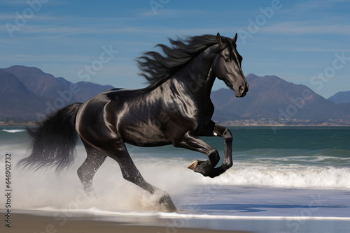 Majestic Black Stallion Galloping by the Seashore