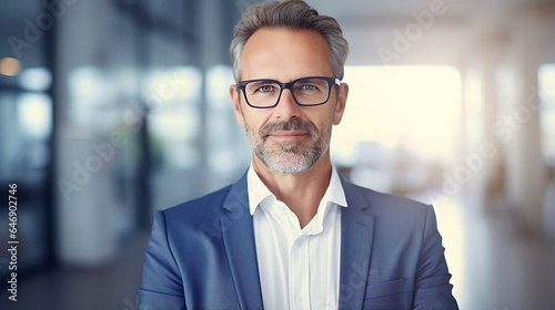 portrait of a professional businessman posing with arms folded, looking at camera and smiling. male leadership concept in office. generative ai