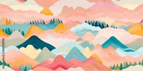 Abstract mountain landscape seamless pattern. Colorful wave background set with geometric textures and nature environment shapes.