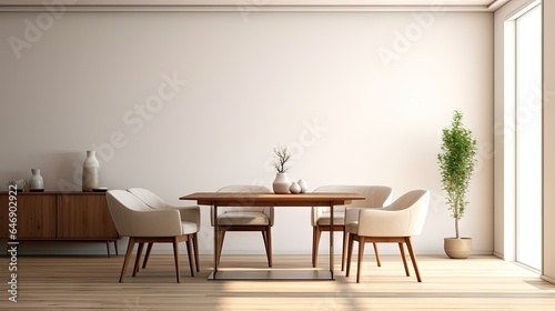 minimalist living room with armchair, sideboard, mirror, crockery, books, stool, white wall, hardwood floor for meeting. © Vusal