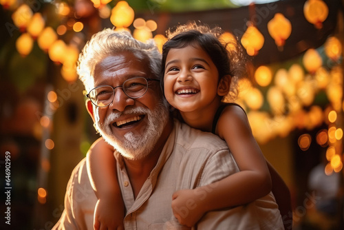 Indian little girl with her grandpa smiling at home © PRASANNAPIX