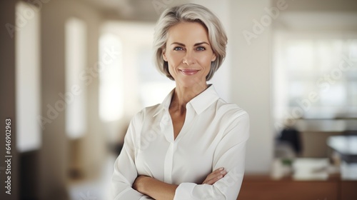 Senior woman standing in office. generative ai