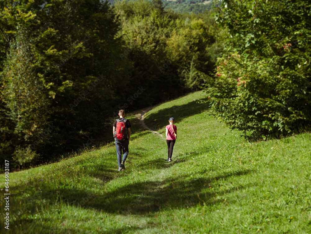 Fototapeta premium Family walks on trail green lawn Zakarpattya village Carpathian mountains view, Ukraine Europe Scenic landscape spruce trees sunny day Eco Local countryside tourism. Father daughter hiking Cottagecore