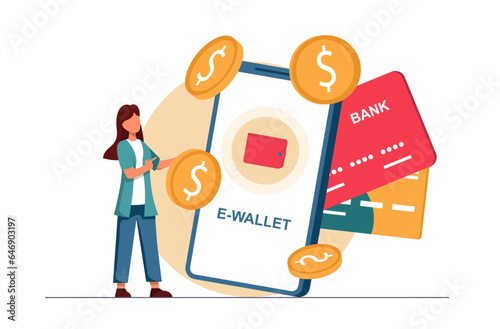 E-wallet. A woman checks the balance in her e-wallet on her smartphone
