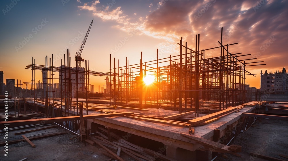 construction site with sunset over