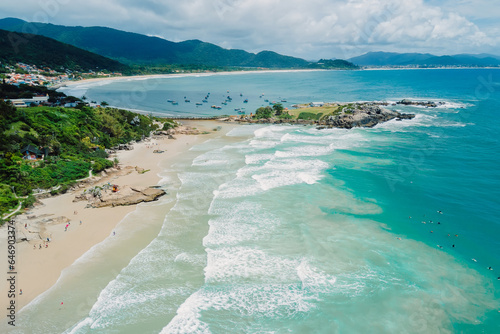 Ocean coastline with beach in Brazil. Aerial view of Matadeiro Beach in Florianopolis photo
