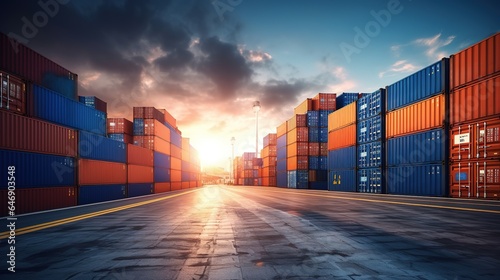 Stacks of cargo freight containers at a port. Shipping crates at an industrial depot or logistics warehouse, ready for export or import. photo