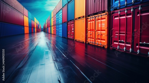 Stacks of cargo freight containers at a port. Shipping crates at an industrial depot or logistics warehouse, ready for export or import.