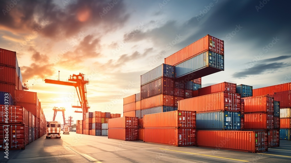 During the discharge of a container cargo freight ship at an industrial port, containers are moved to a container yard using trucks, cargo planes, and logistic import export backdrop. generative ai - obrazy, fototapety, plakaty 