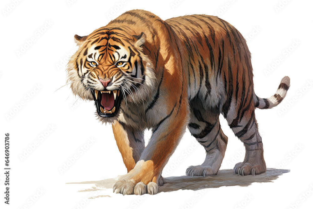 Obraz premium Portrait of Asia Bengal tiger that looking at camera isolated on clean png background, hunter in the forest, wildlife concept.